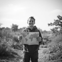 A happy teenager standing in a desaturated world, holding a map in their hands