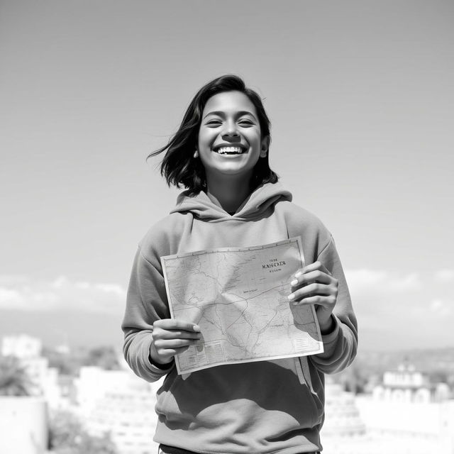 A happy teenager standing in a desaturated world, holding a map in their hands