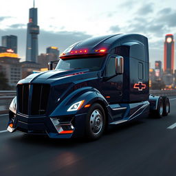 A futuristic semi-truck inspired by the sharp, aggressive styling of the Camaro, showcasing a sleek and aerodynamic design