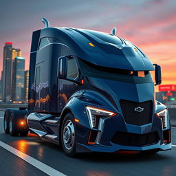 A futuristic semi-truck inspired by the sharp, aggressive styling of the Camaro, showcasing a sleek and aerodynamic design