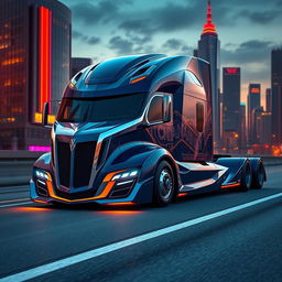 A futuristic semi-truck inspired by the sharp, aggressive styling of the Camaro, showcasing a sleek and aerodynamic design