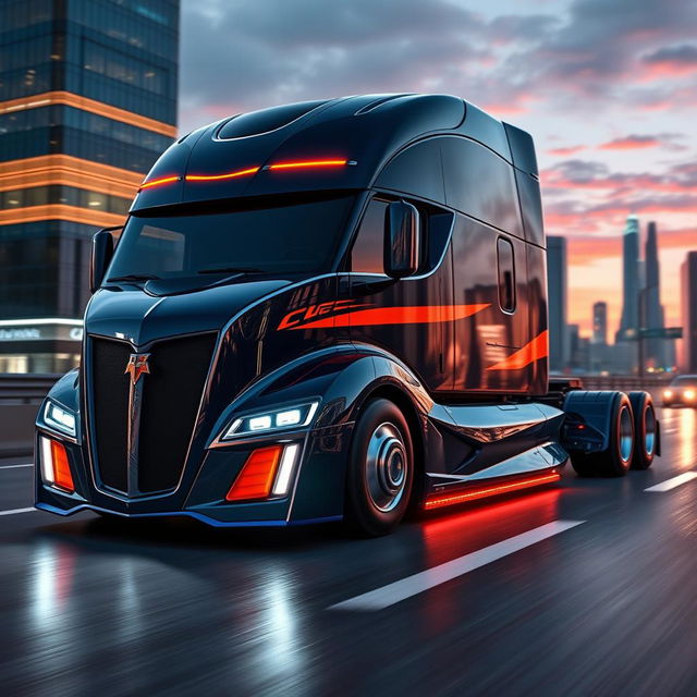 A futuristic semi-truck inspired by the sharp, aggressive styling of the Camaro, showcasing a sleek and aerodynamic design