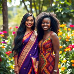A stunning Indian woman with long, flowing dark hair, elegantly dressed in a traditional saree that showcases intricate gold embroidery, standing beside an equally striking African woman with natural curly hair, wearing a vibrant kente cloth dress