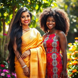 A stunning Indian woman with long, flowing dark hair, elegantly dressed in a traditional saree that showcases intricate gold embroidery, standing beside an equally striking African woman with natural curly hair, wearing a vibrant kente cloth dress