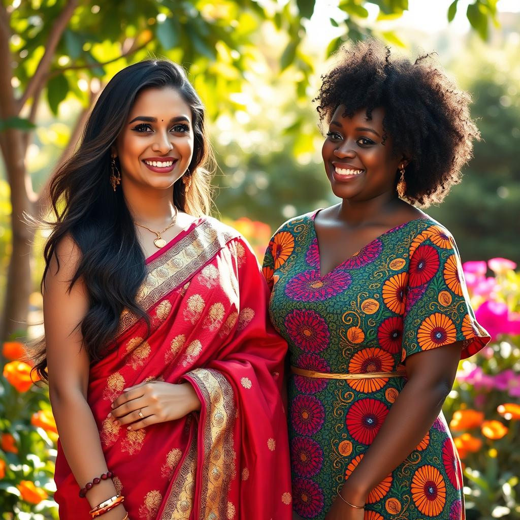A stunning Indian woman with long, flowing dark hair, elegantly dressed in a traditional saree that showcases intricate gold embroidery, standing beside an equally striking African woman with natural curly hair, wearing a vibrant kente cloth dress