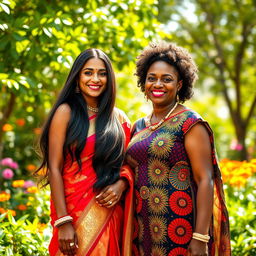 A stunning Indian woman with long, flowing dark hair, elegantly dressed in a traditional saree that showcases intricate gold embroidery, standing beside an equally striking African woman with natural curly hair, wearing a vibrant kente cloth dress