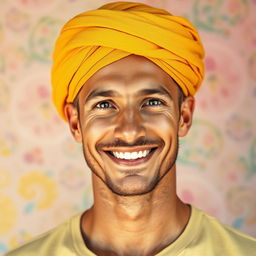 A man smiling confidently, wearing a yellowish turban, standing against a vibrant, textured background