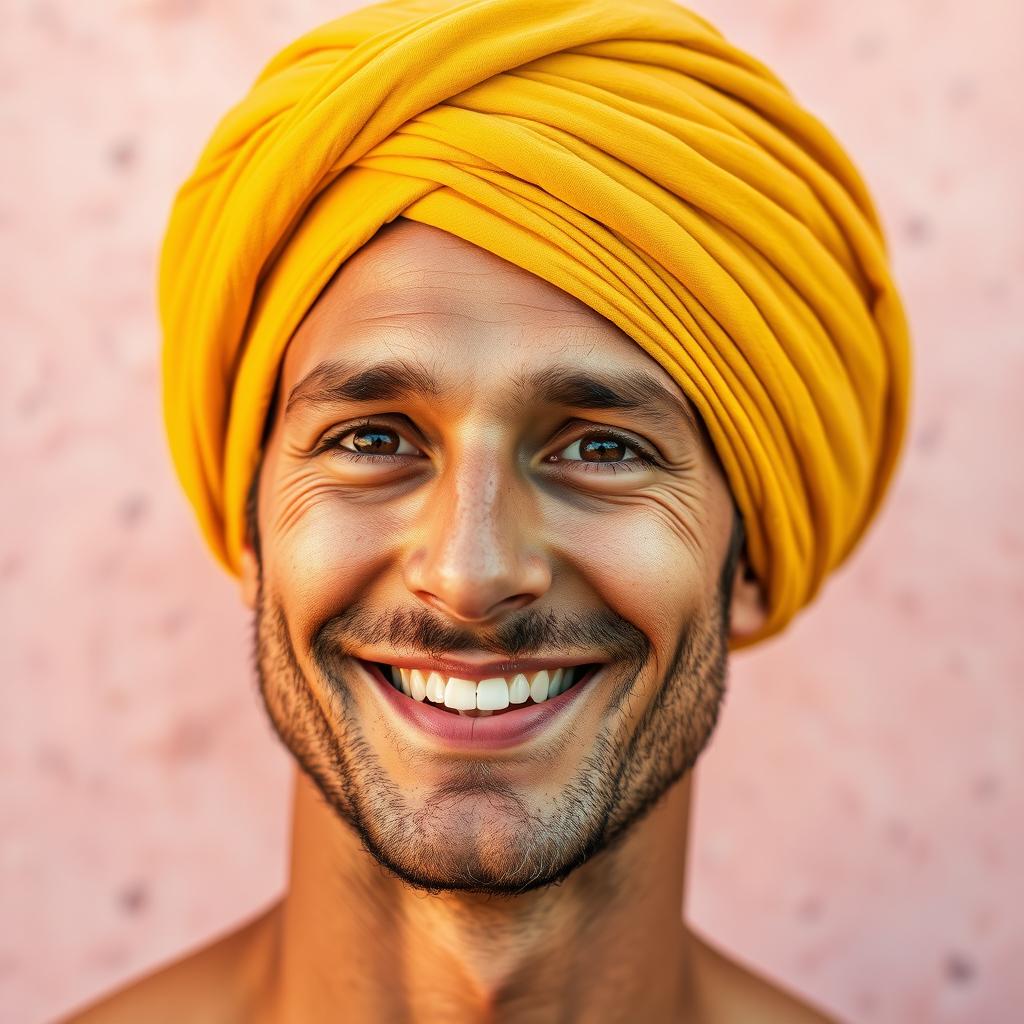 A man smiling confidently, wearing a yellowish turban, standing against a vibrant, textured background