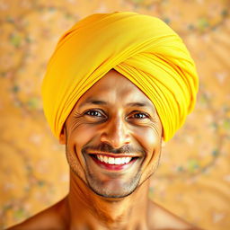 A man smiling confidently, wearing a yellowish turban, standing against a vibrant, textured background