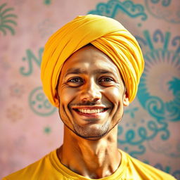 A man smiling confidently, wearing a yellowish turban, standing against a vibrant, textured background