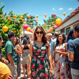 A vibrant outdoor gathering scene featuring a diverse group of people enjoying a sunny day