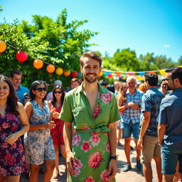 A vibrant outdoor gathering scene featuring a diverse group of people enjoying a sunny day