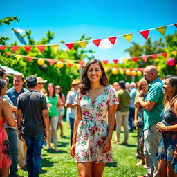 A vibrant outdoor gathering scene featuring a diverse group of people enjoying a sunny day