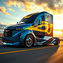 A futuristic semi-truck designed with the aesthetics of a Camaro, showcasing a sharp, aggressive exterior with a muscular stance