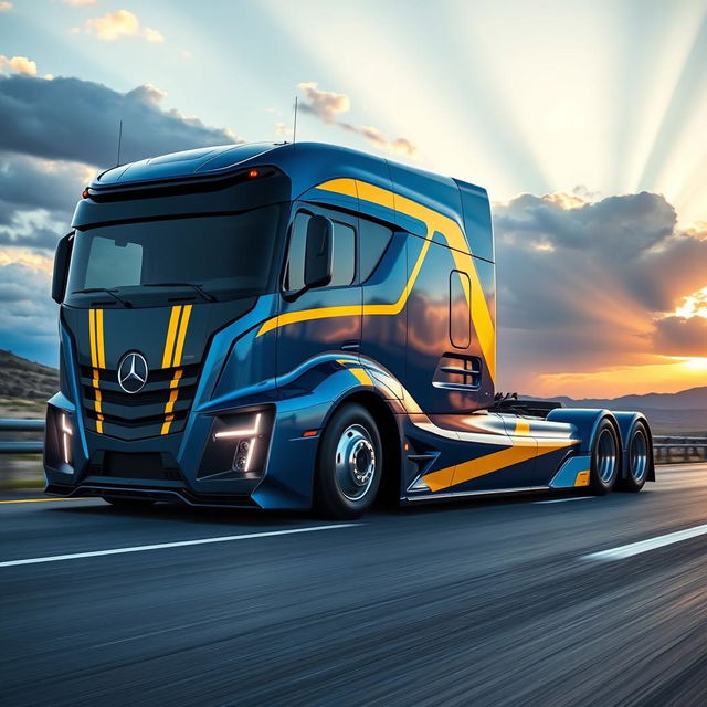 A futuristic semi-truck designed with the aesthetics of a Camaro, showcasing a sharp, aggressive exterior with a muscular stance