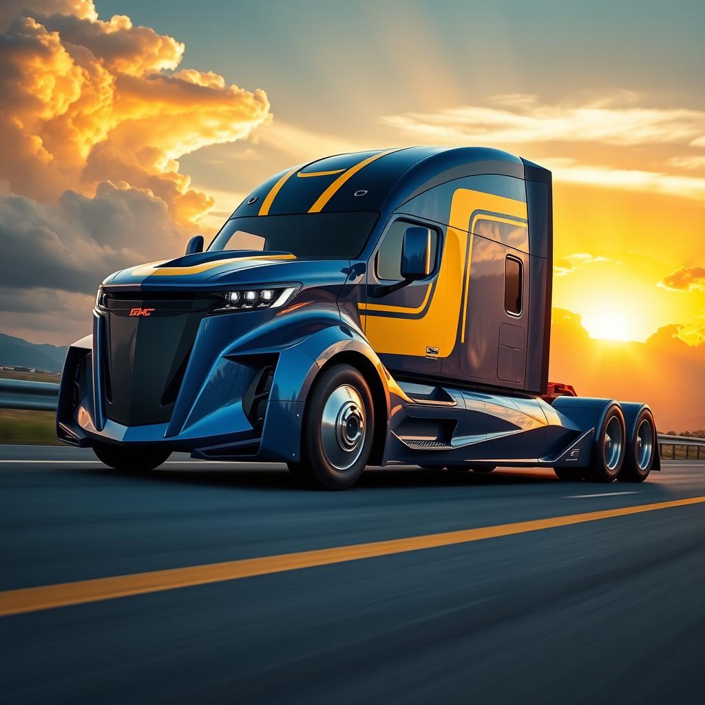 A futuristic semi-truck designed with the aesthetics of a Camaro, showcasing a sharp, aggressive exterior with a muscular stance