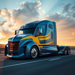 A futuristic semi-truck designed with the aesthetics of a Camaro, showcasing a sharp, aggressive exterior with a muscular stance