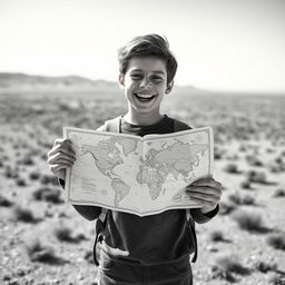 A happy teenage boy holding a map in a colorless world, expressing excitement and curiosity