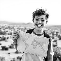 A happy teenage boy holding a map in a colorless world, expressing excitement and curiosity