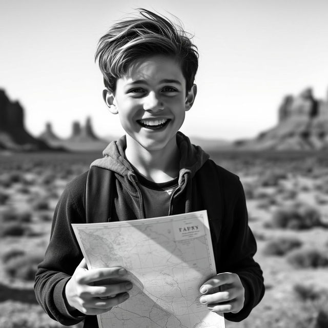 A happy teenage boy holding a map in a colorless world, expressing excitement and curiosity