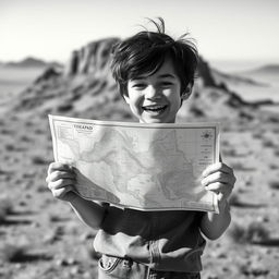 A happy teenage boy holding a map in a colorless world, expressing excitement and curiosity