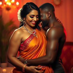 A vibrant representation of an Indian woman, characterized by her voluptuous figure and elegant attire, engaging in a passionate and intimate scene with an African man