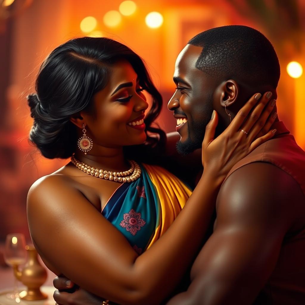 A vibrant representation of an Indian woman, characterized by her voluptuous figure and elegant attire, engaging in a passionate and intimate scene with an African man