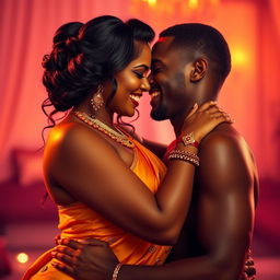 A vibrant representation of an Indian woman, characterized by her voluptuous figure and elegant attire, engaging in a passionate and intimate scene with an African man
