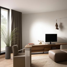 A small, modern living room with sleek furniture, minimalist décor, and ample natural light.