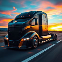 A cutting-edge semi-truck designed with the iconic features of a Camaro, showcasing a bold and dynamic aesthetic