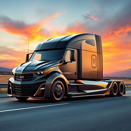 A cutting-edge semi-truck designed with the iconic features of a Camaro, showcasing a bold and dynamic aesthetic
