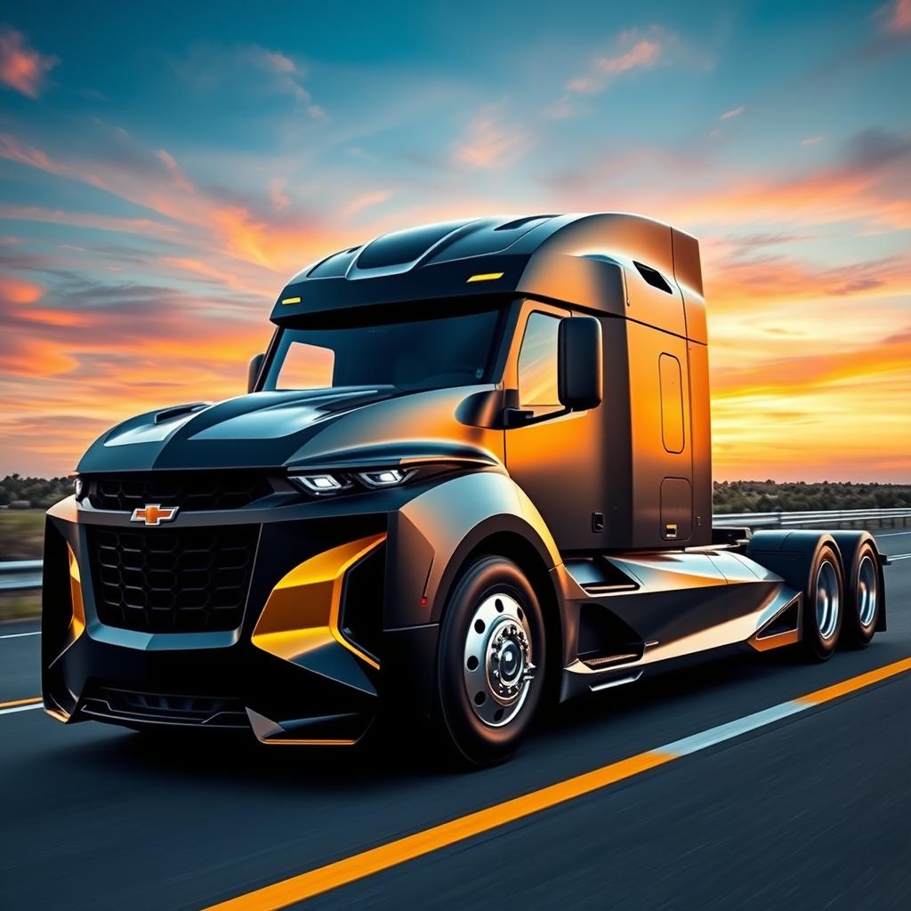 A cutting-edge semi-truck designed with the iconic features of a Camaro, showcasing a bold and dynamic aesthetic