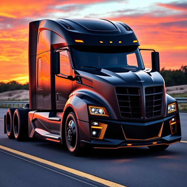 A cutting-edge semi-truck designed with the iconic features of a Camaro, showcasing a bold and dynamic aesthetic