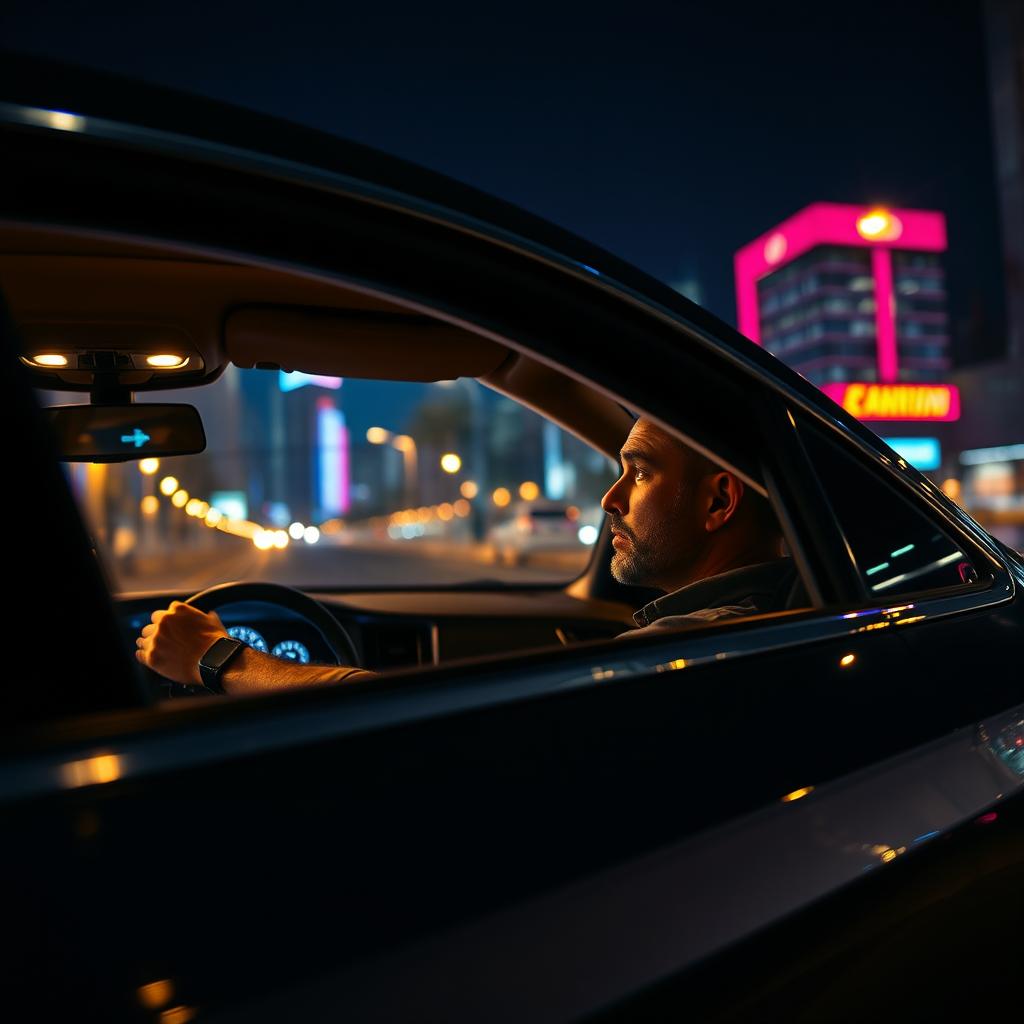 A man driving a sleek modern car at night, captured from a side point of view