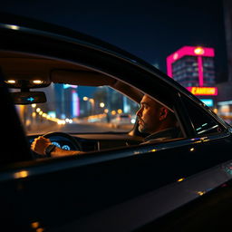 A man driving a sleek modern car at night, captured from a side point of view