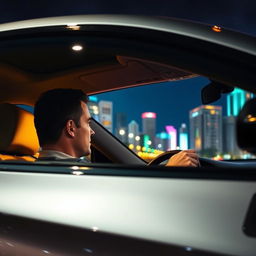 A man driving a sleek modern car at night, captured from a side point of view
