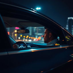 A man driving a sleek modern car at night, captured from a side point of view