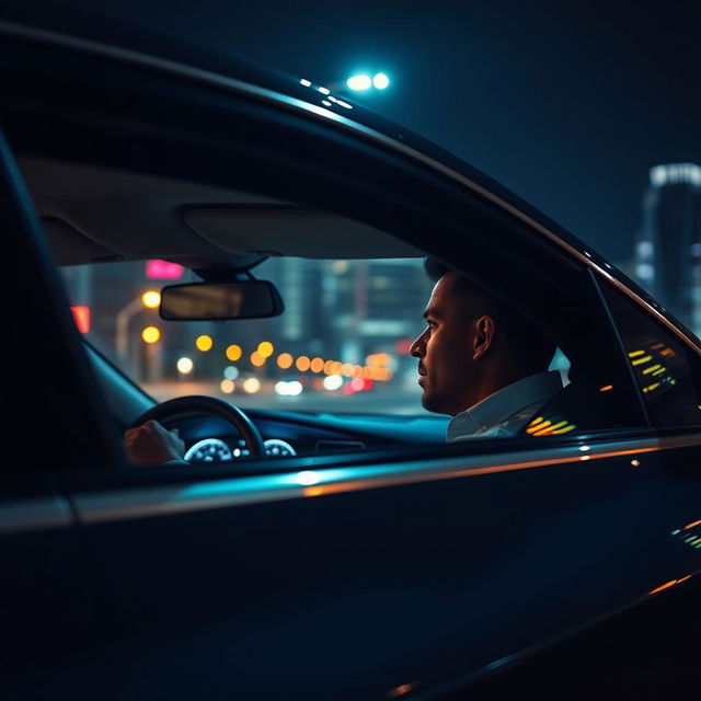 A man driving a sleek modern car at night, captured from a side point of view