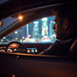 A man driving a sleek modern car at night, captured from a side point of view