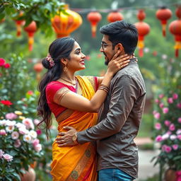 A stunning Indian woman embracing a romantic moment with a foreign partner, set against a vibrant Indian backdrop