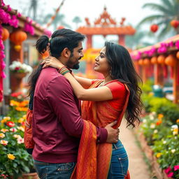 A stunning Indian woman embracing a romantic moment with a foreign partner, set against a vibrant Indian backdrop