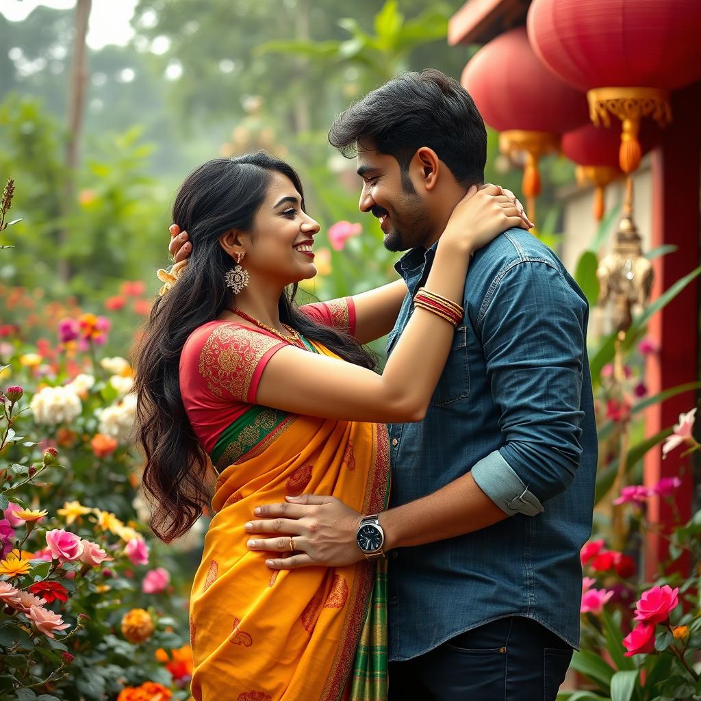 A stunning Indian woman embracing a romantic moment with a foreign partner, set against a vibrant Indian backdrop