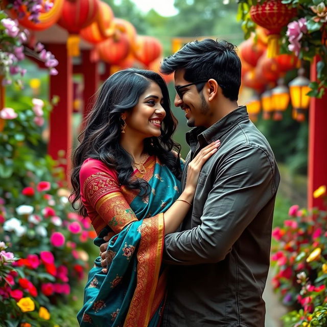 A stunning Indian woman embracing a romantic moment with a foreign partner, set against a vibrant Indian backdrop