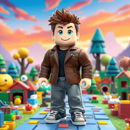 A Roblox character designed as a boy, wearing a stylish brown coat