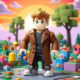 A Roblox character designed as a boy, wearing a stylish brown coat