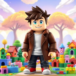 A Roblox character designed as a boy, wearing a stylish brown coat