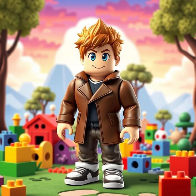 A Roblox character designed as a boy, wearing a stylish brown coat