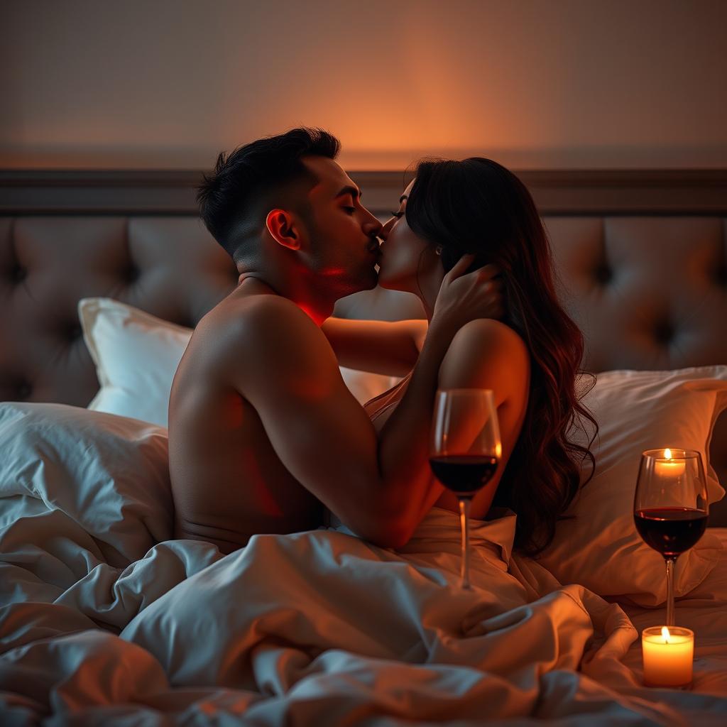 A sensual and romantic scene featuring a couple in a luxurious bedroom