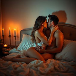A sensual and romantic scene featuring a couple in a luxurious bedroom