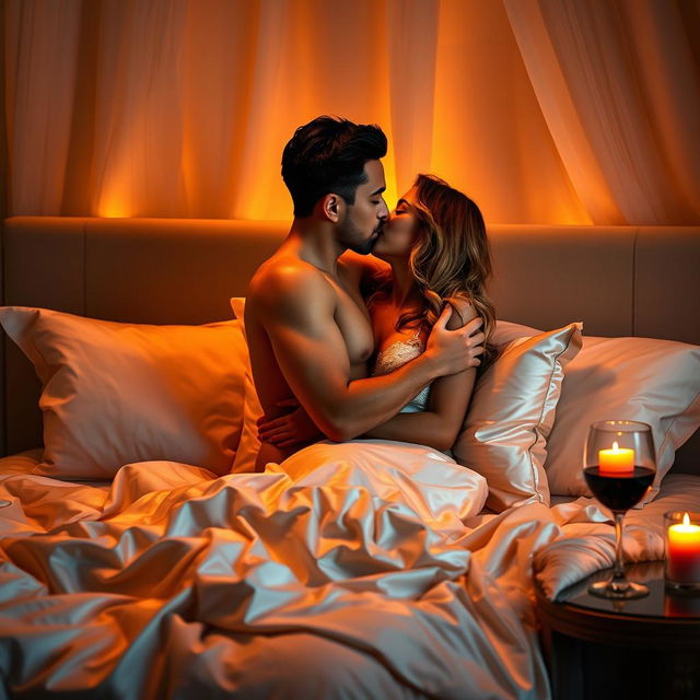 A sensual and romantic scene featuring a couple in a luxurious bedroom